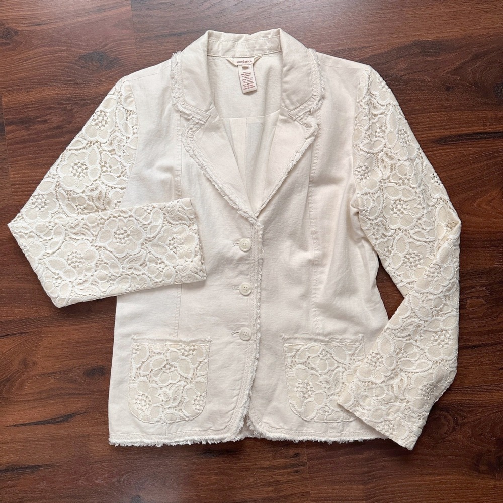 Sundance Cotton Linen Lace Long Sleeve Ivory Cream Blazer Jacket Women's Size 8
